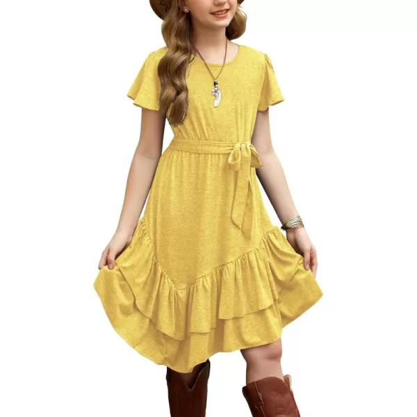 Arshiner Girls Dresses Loose Plain Casual Ruffle Swing Midi Dress with Belt for 5-14 Years