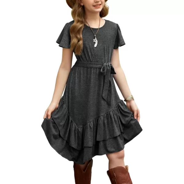 Arshiner Girls Dresses Loose Plain Casual Ruffle Swing Midi Dress with Belt for 5-14 Years