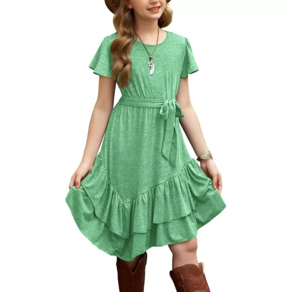 Arshiner Girls Dresses Loose Plain Casual Ruffle Swing Midi Dress with Belt for 5-14 Years