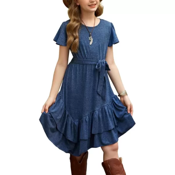 Arshiner Girls Dresses Loose Plain Casual Ruffle Swing Midi Dress with Belt for 5-14 Years