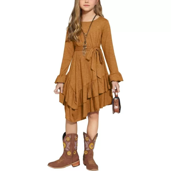 Arshiner Girls Dresses Loose Plain Casual Ruffle Swing Midi Dress with Belt for 5-14 Years