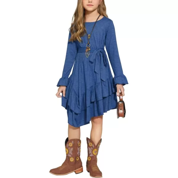 Arshiner Girls Dresses Loose Plain Casual Ruffle Swing Midi Dress with Belt for 5-14 Years