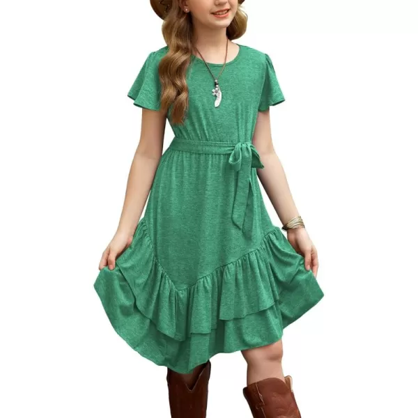 Arshiner Girls Dresses Loose Plain Casual Ruffle Swing Midi Dress with Belt for 5-14 Years