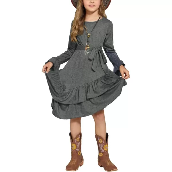 Arshiner Girls Dresses Loose Plain Casual Ruffle Swing Midi Dress with Belt for 5-14 Years