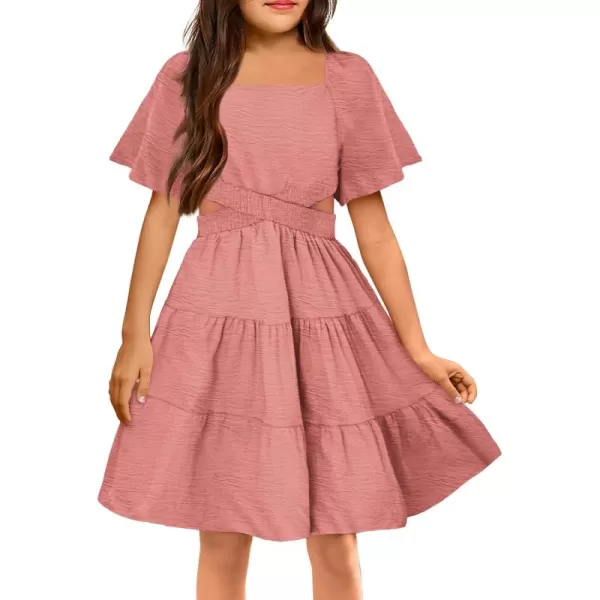 Arshiner Girls Dresses Square Neck Cut Out Shirred Party Cute Tween Dress