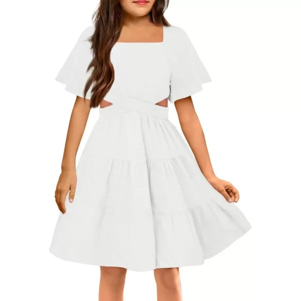 Arshiner Girls Dresses Square Neck Cut Out Shirred Party Cute Tween Dress