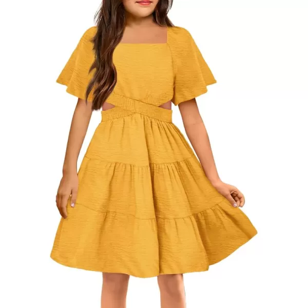 Arshiner Girls Dresses Square Neck Cut Out Shirred Party Cute Tween Dress