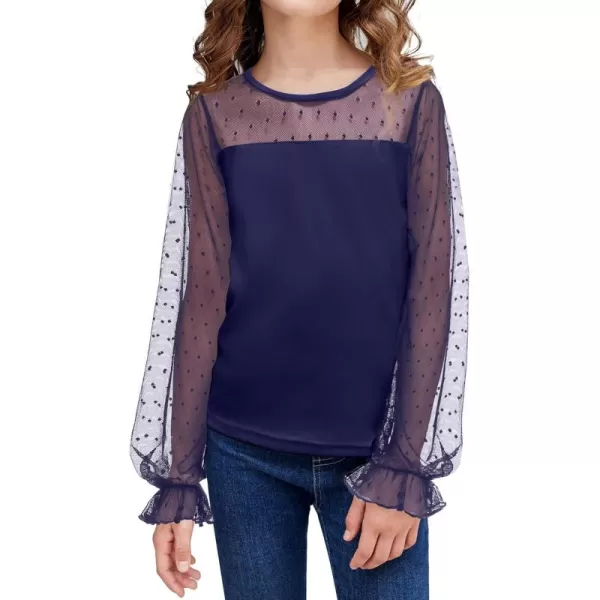 Arshiner Girls Long Sleeve Shirts with Sheer Puff Cute Lantern Sleeve Design Lady Style Swiss Dots Tops for Girls Blouse Tee