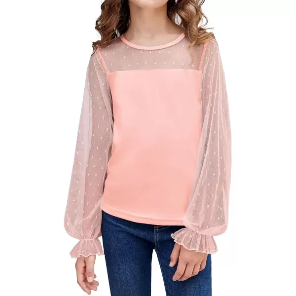 Arshiner Girls Long Sleeve Shirts with Sheer Puff Cute Lantern Sleeve Design Lady Style Swiss Dots Tops for Girls Blouse Tee
