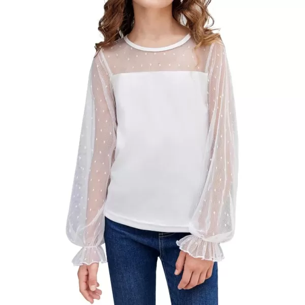 Arshiner Girls Long Sleeve Shirts with Sheer Puff Cute Lantern Sleeve Design Lady Style Swiss Dots Tops for Girls Blouse Tee