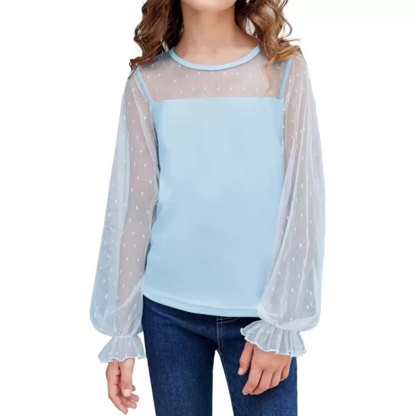 Arshiner Girls Long Sleeve Shirts with Sheer Puff Cute Lantern Sleeve Design Lady Style Swiss Dots Tops for Girls Blouse Tee