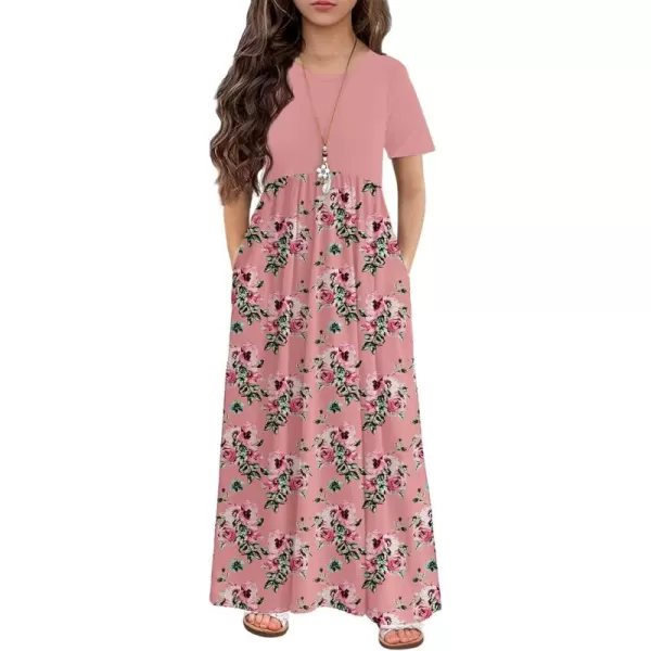 Arshiner Girls Maxi Dress Long/Short Sleeve Casual Holiday Dress with Pockets for 5-13 Years
