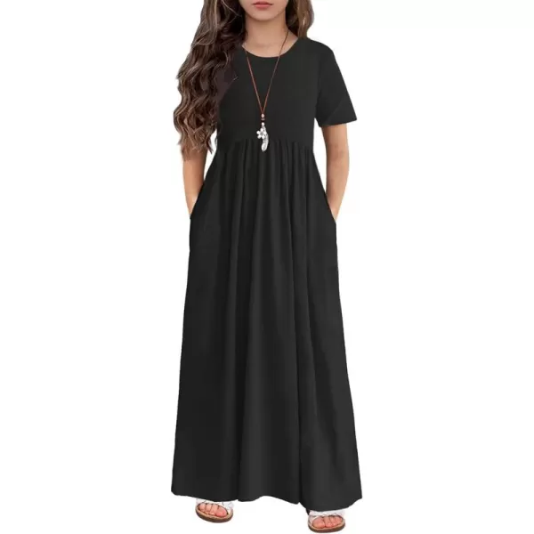 Arshiner Girls Maxi Dress Long/Short Sleeve Casual Holiday Dress with Pockets for 5-13 Years