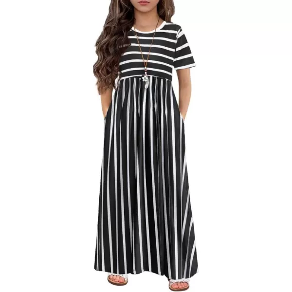 Arshiner Girls Maxi Dress Long/Short Sleeve Casual Holiday Dress with Pockets for 5-13 Years
