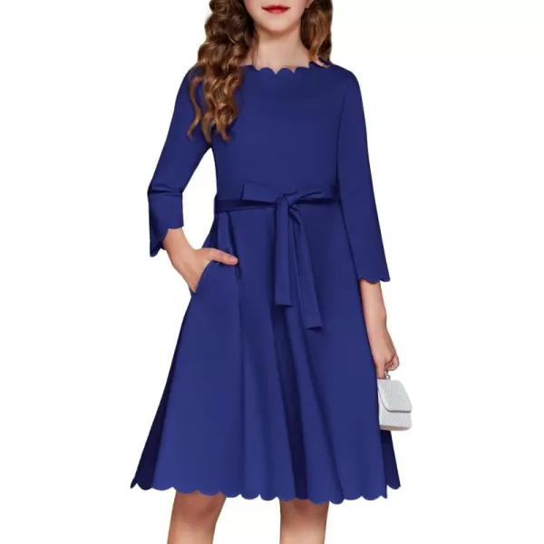 Arshiner Girls Party Dress Scallop Trim Belted A-Line Formal Midi Dresses with Pockets for 6-15Y