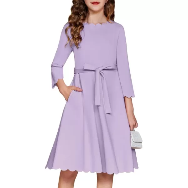 Arshiner Girls Party Dress Scallop Trim Belted A-Line Formal Midi Dresses with Pockets for 6-15Y