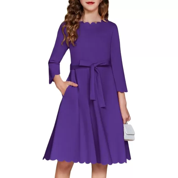 Arshiner Girls Party Dress Scallop Trim Belted A-Line Formal Midi Dresses with Pockets for 6-15Y