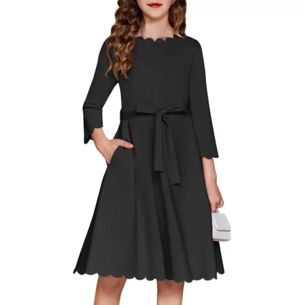 Arshiner Girls Party Dress Scallop Trim Belted A-Line Formal Midi Dresses with Pockets for 6-15Y