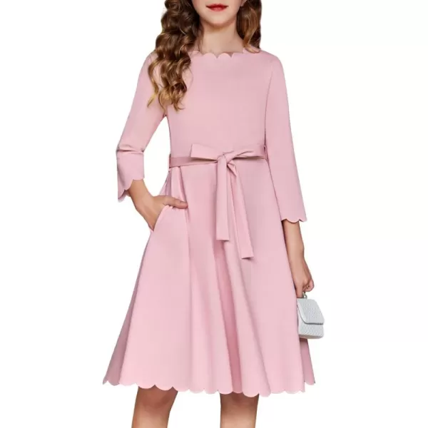 Arshiner Girls Party Dress Scallop Trim Belted A-Line Formal Midi Dresses with Pockets for 6-15Y