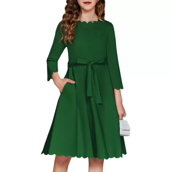 Arshiner Girls Party Dress Scallop Trim Belted A-Line Formal Midi Dresses with Pockets for 6-15Y