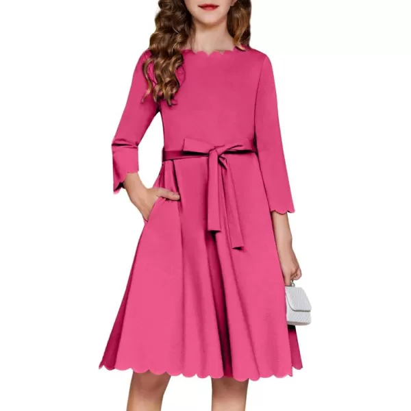 Arshiner Girls Party Dress Scallop Trim Belted A-Line Formal Midi Dresses with Pockets for 6-15Y