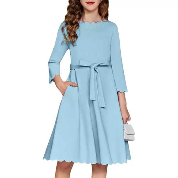 Arshiner Girls Party Dress Scallop Trim Belted A-Line Formal Midi Dresses with Pockets for 6-15Y