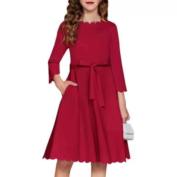 Arshiner Girls Party Dress Scallop Trim Belted A-Line Formal Midi Dresses with Pockets for 6-15Y
