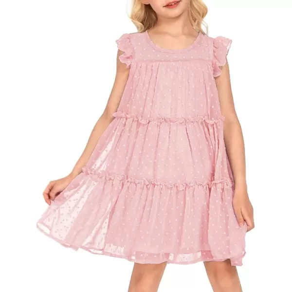 Arshiner Girl's Summer Dress Flared Sleeve Loose Fit Swiss Dots Flowy Pleated Dress