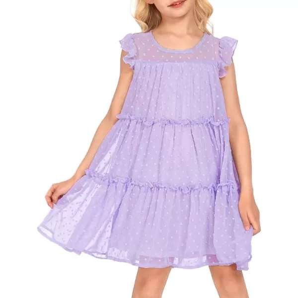 Arshiner Girl's Summer Dress Flared Sleeve Loose Fit Swiss Dots Flowy Pleated Dress