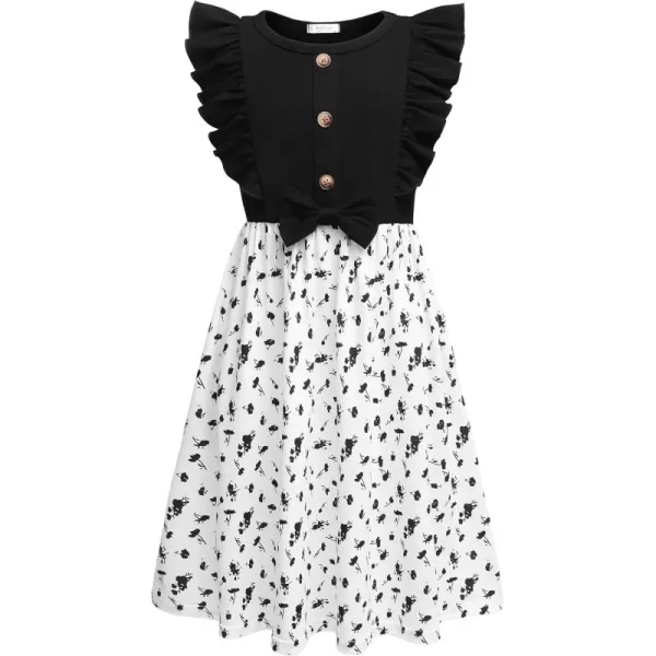 Arshiner Girls Summer Dress Ruffle Trim Button Front Bowknot Casual Swing Sundress with Pockets for 3-11 Years