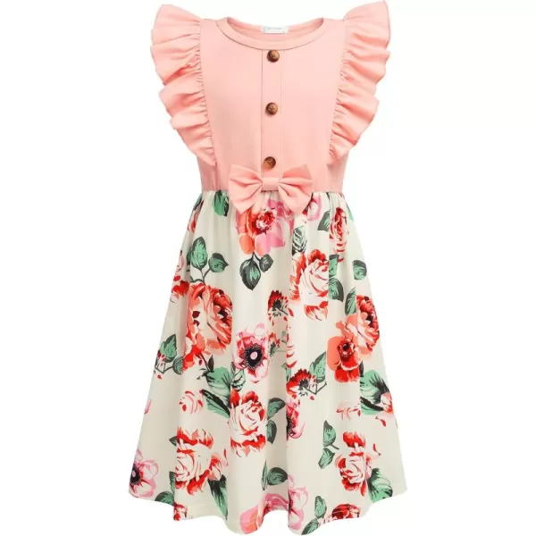 Arshiner Girls Summer Dress Ruffle Trim Button Front Bowknot Casual Swing Sundress with Pockets for 3-11 Years