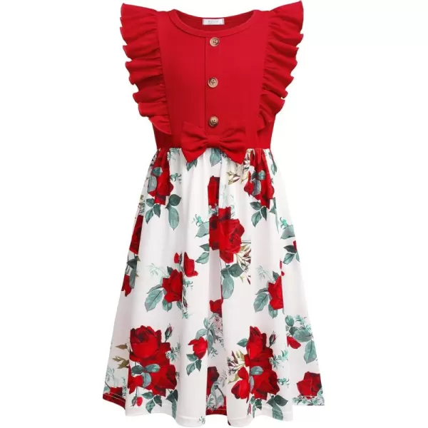 Arshiner Girls Summer Dress Ruffle Trim Button Front Bowknot Casual Swing Sundress with Pockets for 3-11 Years