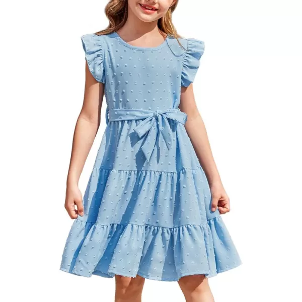 Arshiner Girls Summer Dresses Ruffle Sleeve Swiss Dots Flared Tiered Casual Dress with Belt