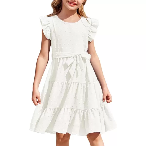 Arshiner Girls Summer Dresses Ruffle Sleeve Swiss Dots Flared Tiered Casual Dress with Belt