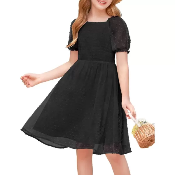Arshiner Girls Swiss Dot Chiffon Dress Puffy Sleeve Square Neck Smocked Flowy Midi Dresses 5-14 Years