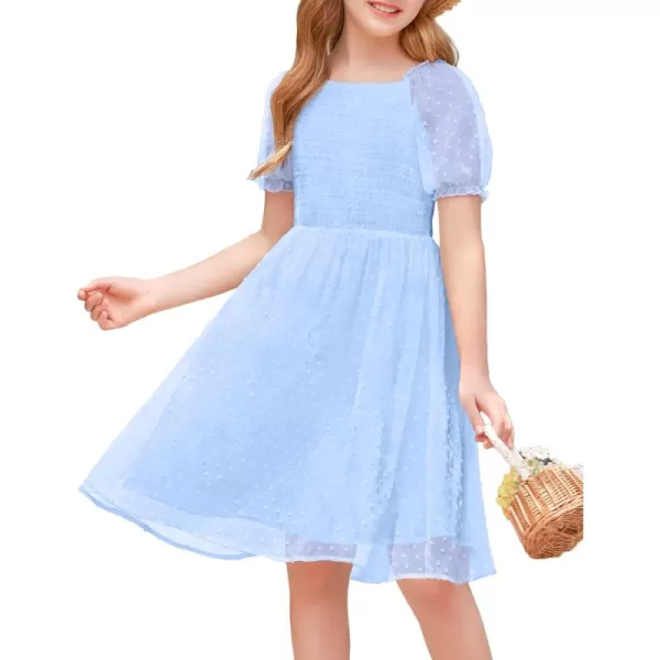 Arshiner Girls Swiss Dot Chiffon Dress Puffy Sleeve Square Neck Smocked Flowy Midi Dresses 5-14 Years