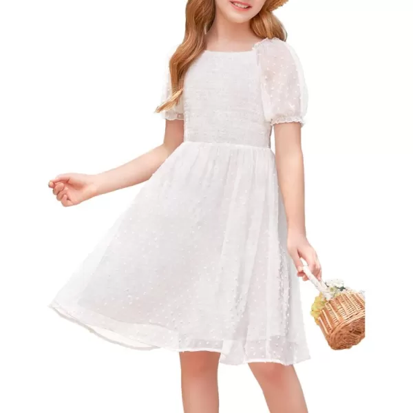Arshiner Girls Swiss Dot Chiffon Dress Puffy Sleeve Square Neck Smocked Flowy Midi Dresses 5-14 Years