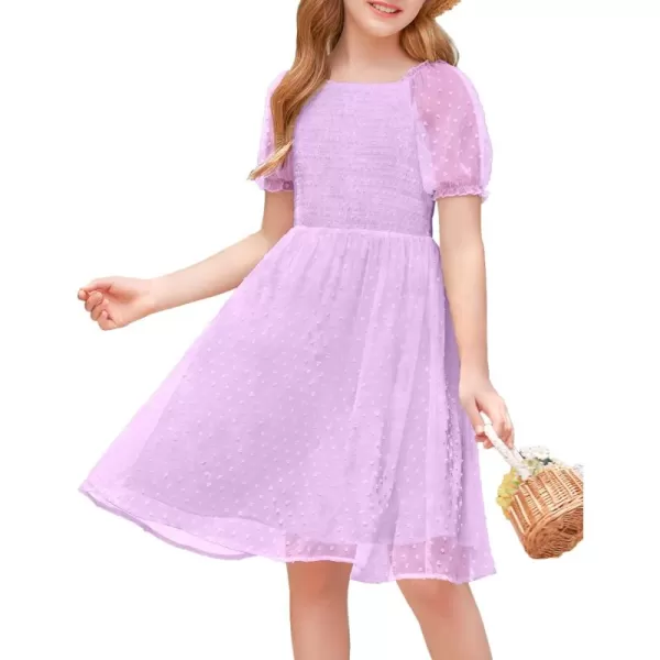 Arshiner Girls Swiss Dot Chiffon Dress Puffy Sleeve Square Neck Smocked Flowy Midi Dresses 5-14 Years