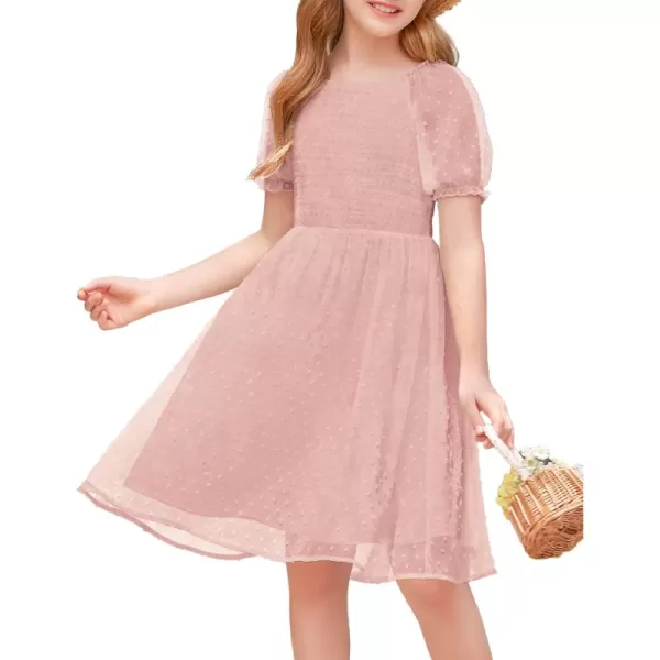 Arshiner Girls Swiss Dot Chiffon Dress Puffy Sleeve Square Neck Smocked Flowy Midi Dresses 5-14 Years