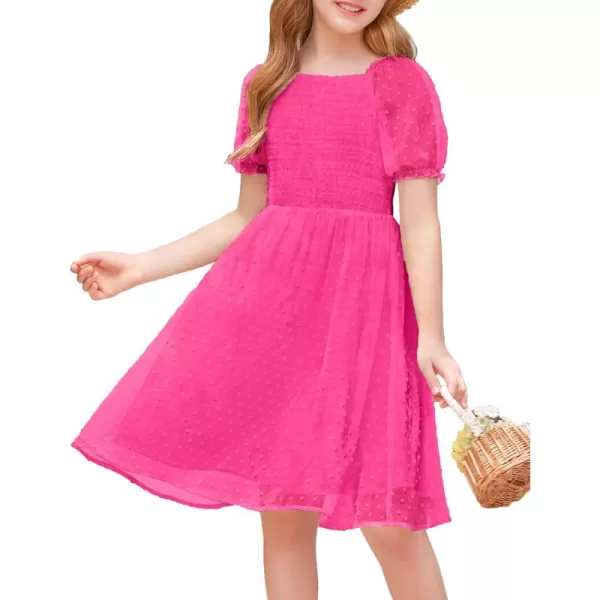 Arshiner Girls Swiss Dot Chiffon Dress Puffy Sleeve Square Neck Smocked Flowy Midi Dresses 5-14 Years