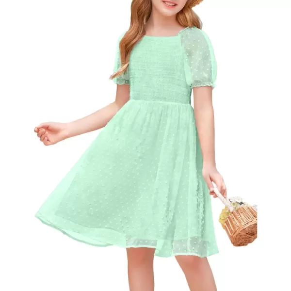 Arshiner Girls Swiss Dot Chiffon Dress Puffy Sleeve Square Neck Smocked Flowy Midi Dresses 5-14 Years