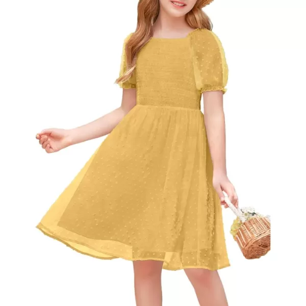 Arshiner Girls Swiss Dot Chiffon Dress Puffy Sleeve Square Neck Smocked Flowy Midi Dresses 5-14 Years