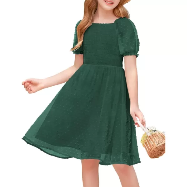 Arshiner Girls Swiss Dot Chiffon Dress Puffy Sleeve Square Neck Smocked Flowy Midi Dresses 5-14 Years
