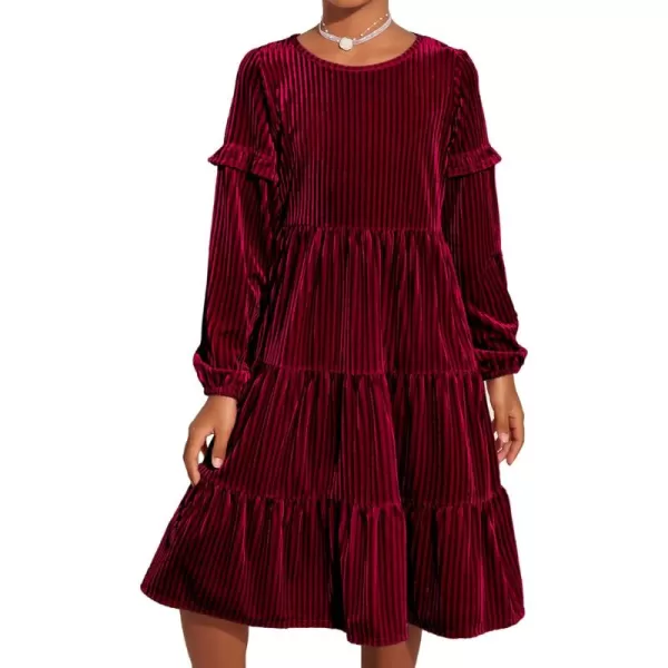 Arshiner Girls Velvet Tiered Dress Long Sleeve Crew Neck Elegant Tween Twirly Dresses for 6-13 Years