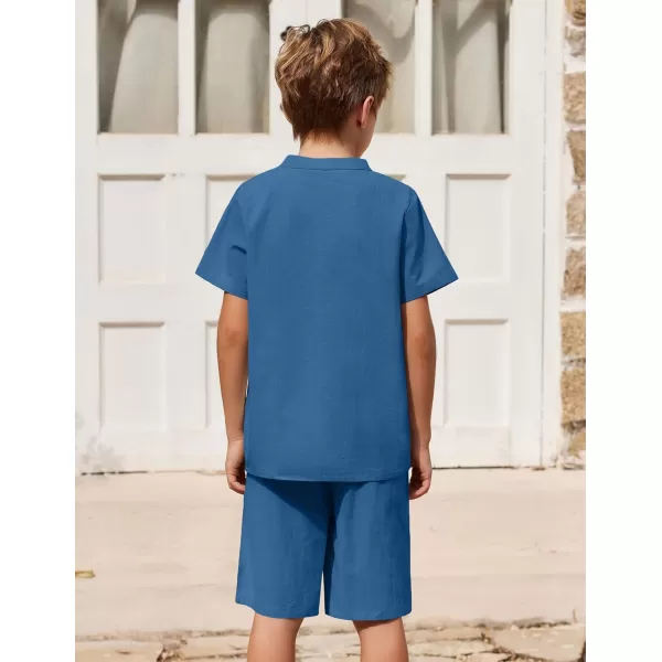 Arshiner Boy's 2 Pieces Cotton Linen Set Casual Henley Shirts Short Sleeve Beach Shorts Summer Outfits for 5-12 Years Kids