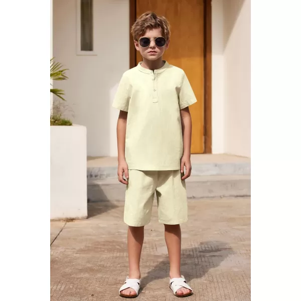 Arshiner Boy's 2 Pieces Cotton Linen Set Casual Henley Shirts Short Sleeve Beach Shorts Summer Outfits for 5-12 Years Kids