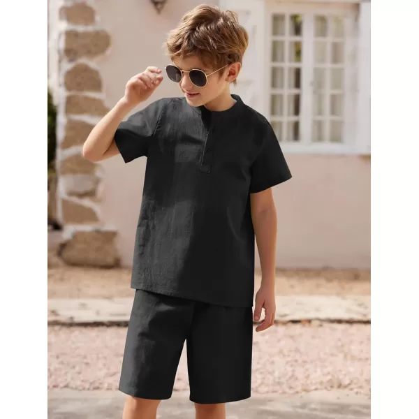 Arshiner Boy's 2 Pieces Cotton Linen Set Casual Henley Shirts Short Sleeve Beach Shorts Summer Outfits for 5-12 Years Kids