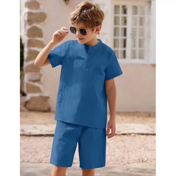 Arshiner Boy's 2 Pieces Cotton Linen Set Casual Henley Shirts Short Sleeve Beach Shorts Summer Outfits for 5-12 Years Kids