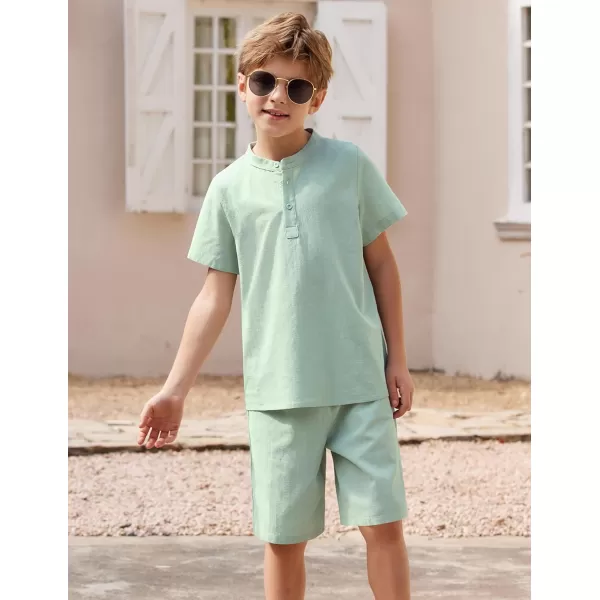 Arshiner Boy's 2 Pieces Cotton Linen Set Casual Henley Shirts Short Sleeve Beach Shorts Summer Outfits for 5-12 Years Kids