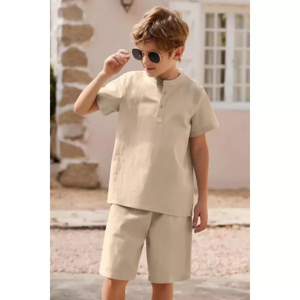 Arshiner Boy's 2 Pieces Cotton Linen Set Casual Henley Shirts Short Sleeve Beach Shorts Summer Outfits for 5-12 Years Kids